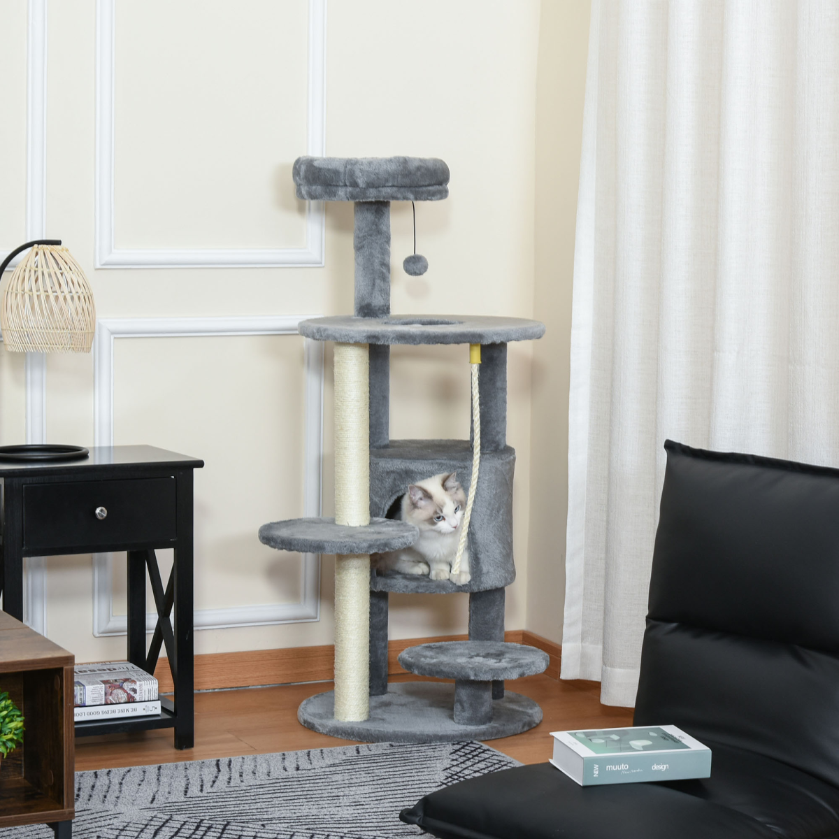 Cat Tree Tower Activity Center with Hanging Ball Toy Teasing Rope Dark grey