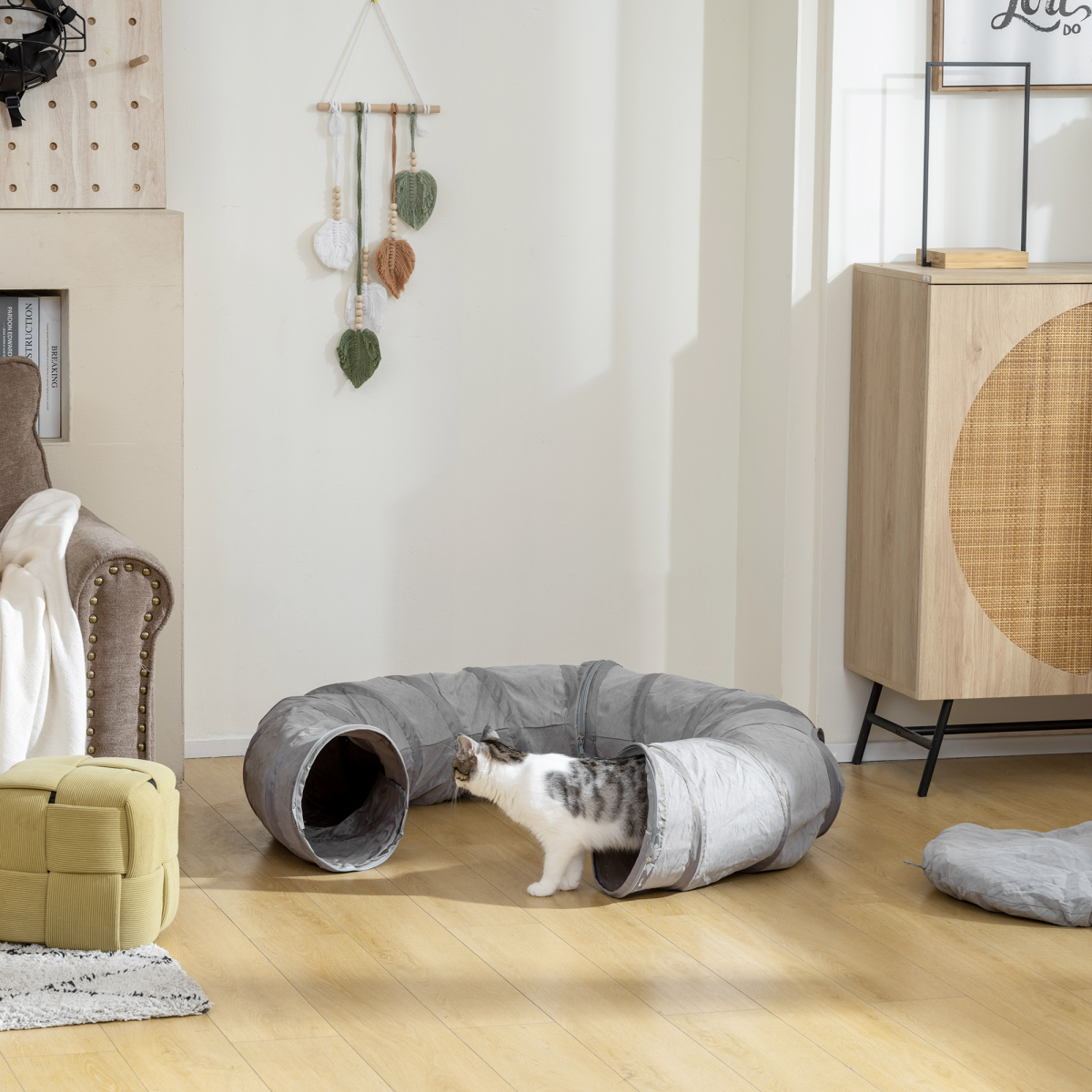 PawHut 2 in 1 Cat Tunnel with Bed, Cat Play Tunnel for Indoor Cats, Grey