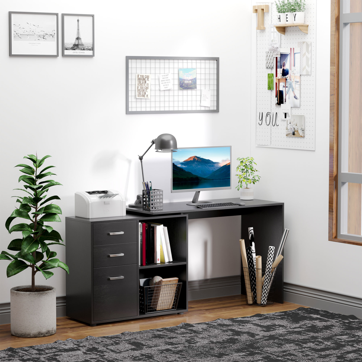 L Shape Computer Desk Workstation Home Office Drawer Shelf File Cabinet-Black