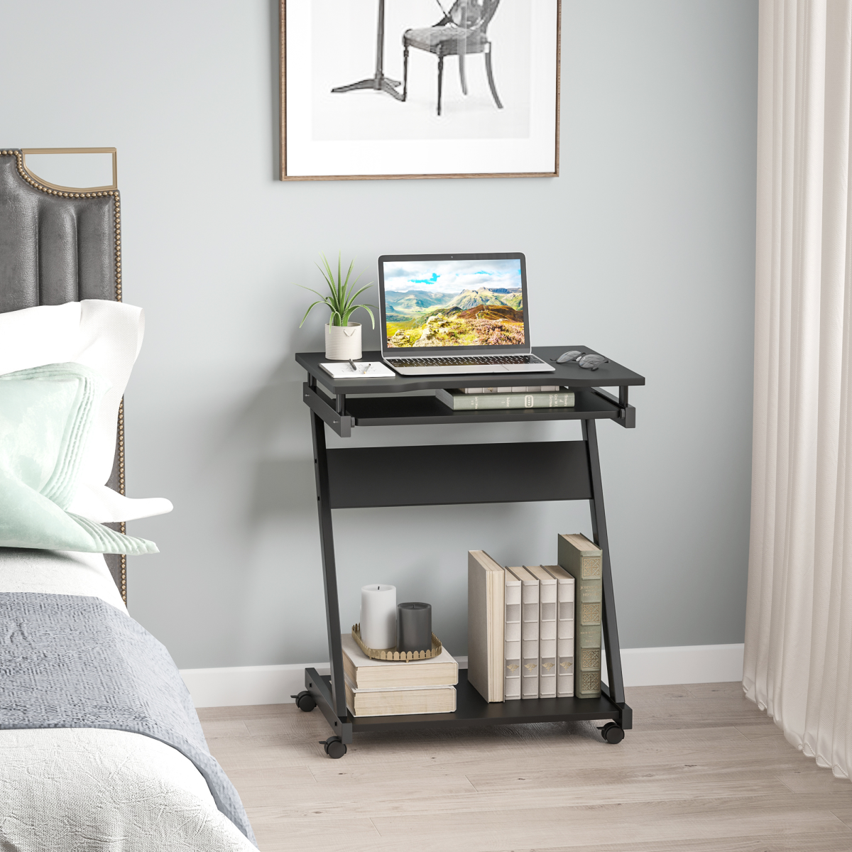 Movable Computer Desk with 4 Moving Wheels Sliding Keyboard Tray Black