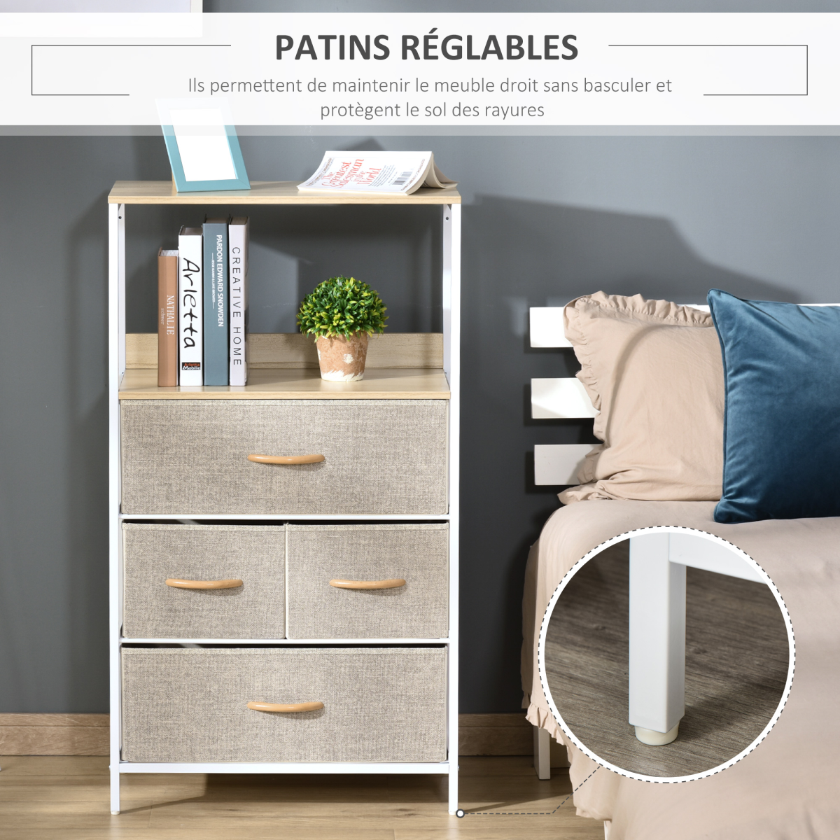 Chest of Drawers with 4 Fabric Bins  White