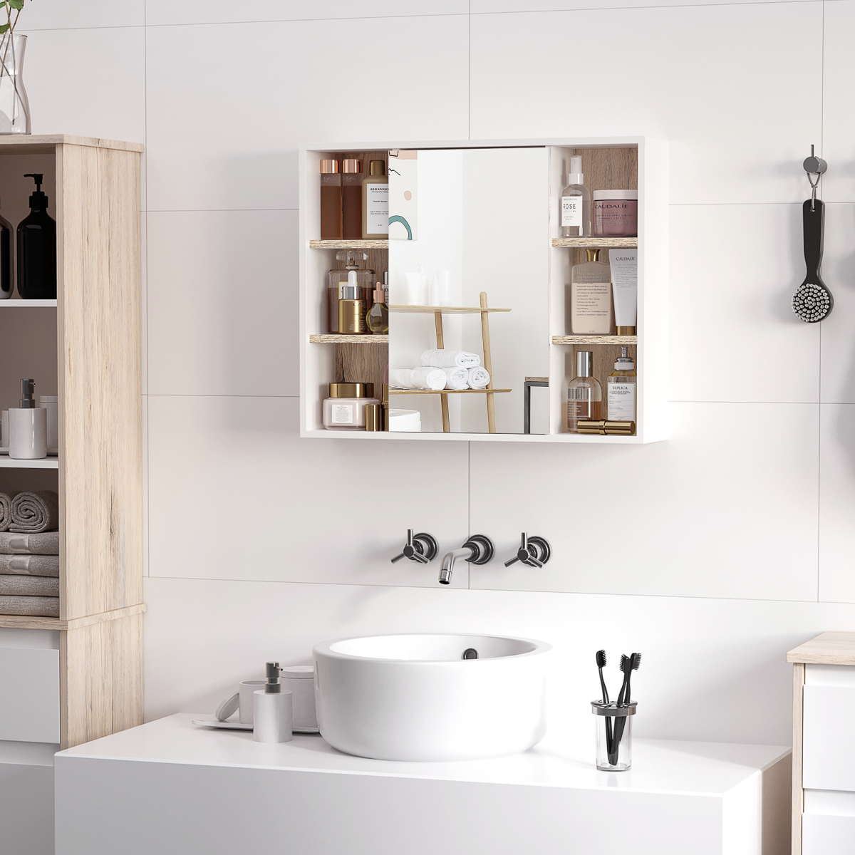 Wall Mounted Bathroom Storage Cabinet w/ Mirrored Door, Adjustable Shelf