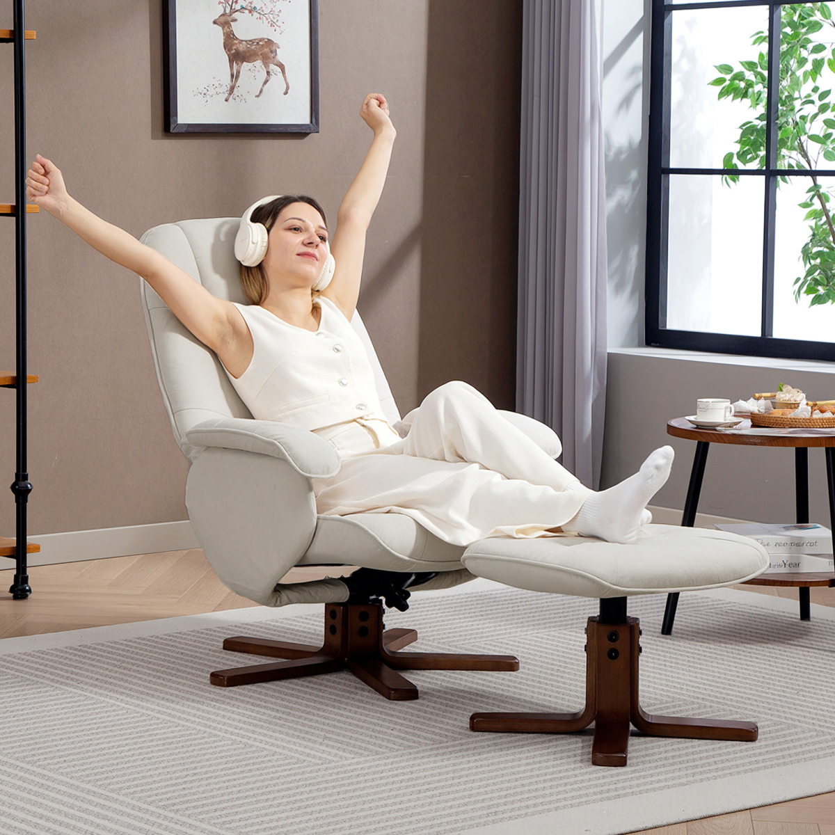 HOMCOM Swivel Recliner Chair with Footstool and Wooden Base, Beige