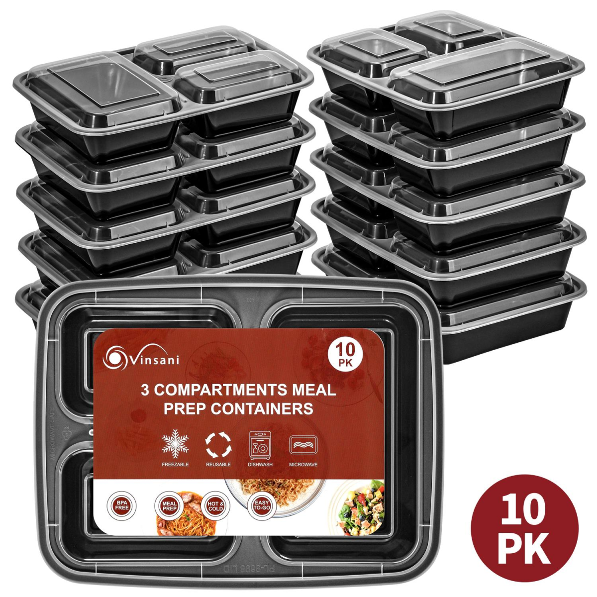 VINSANI 30pk 3 COMPARTMENTS MEAL PREP CONTAINERS 1010478