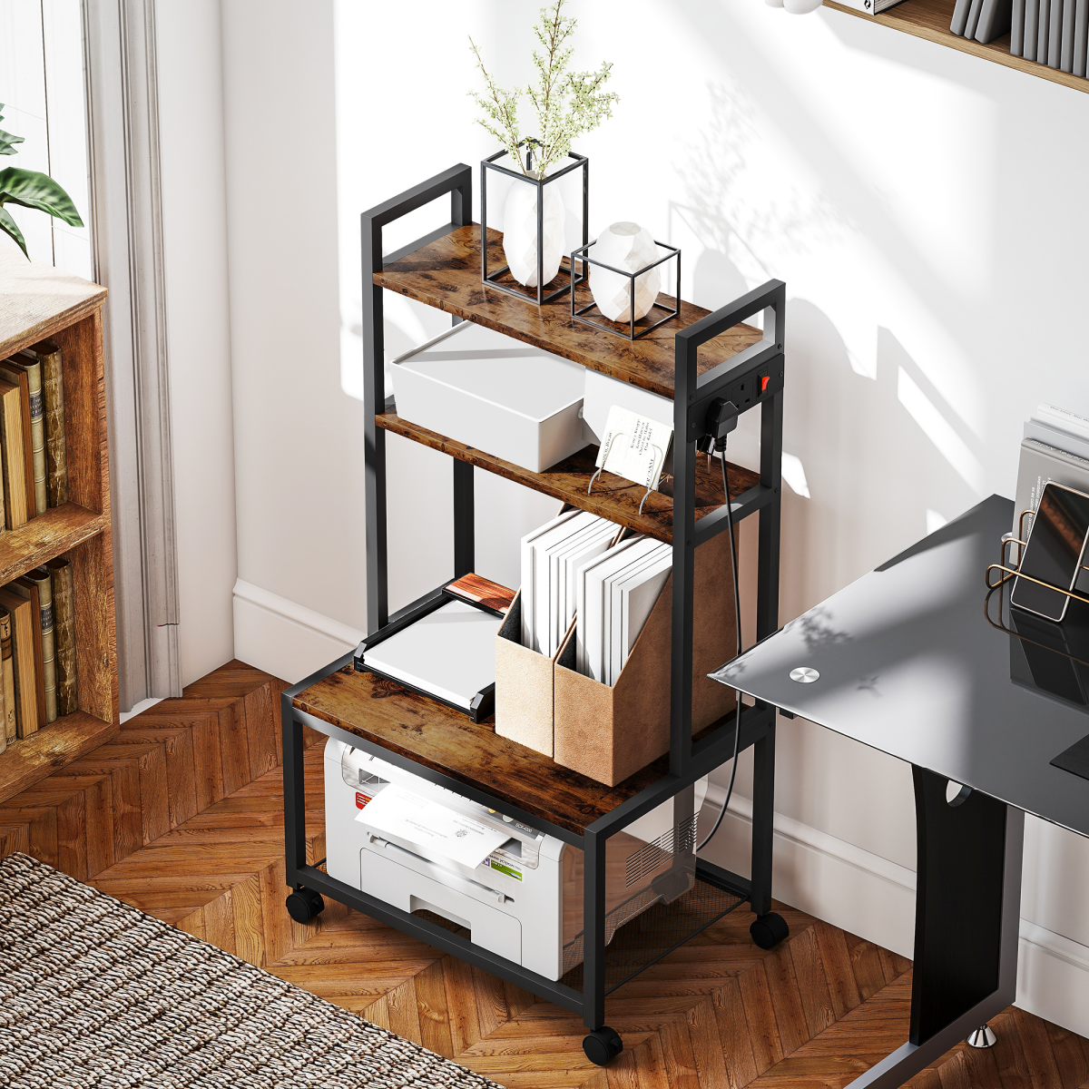 HOMCOM 4-Tier Mobile Printer Stand with Power Outlets for Home Office