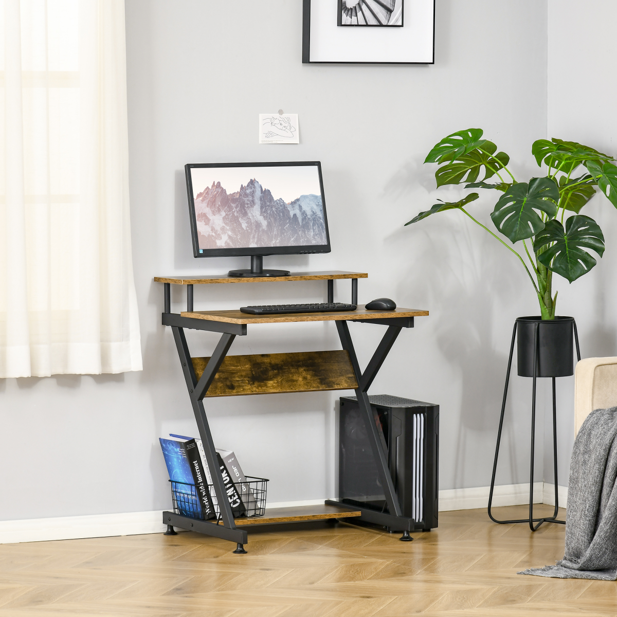 Computer Desk with Monitor Shelf and Storage, R Shaped Brown