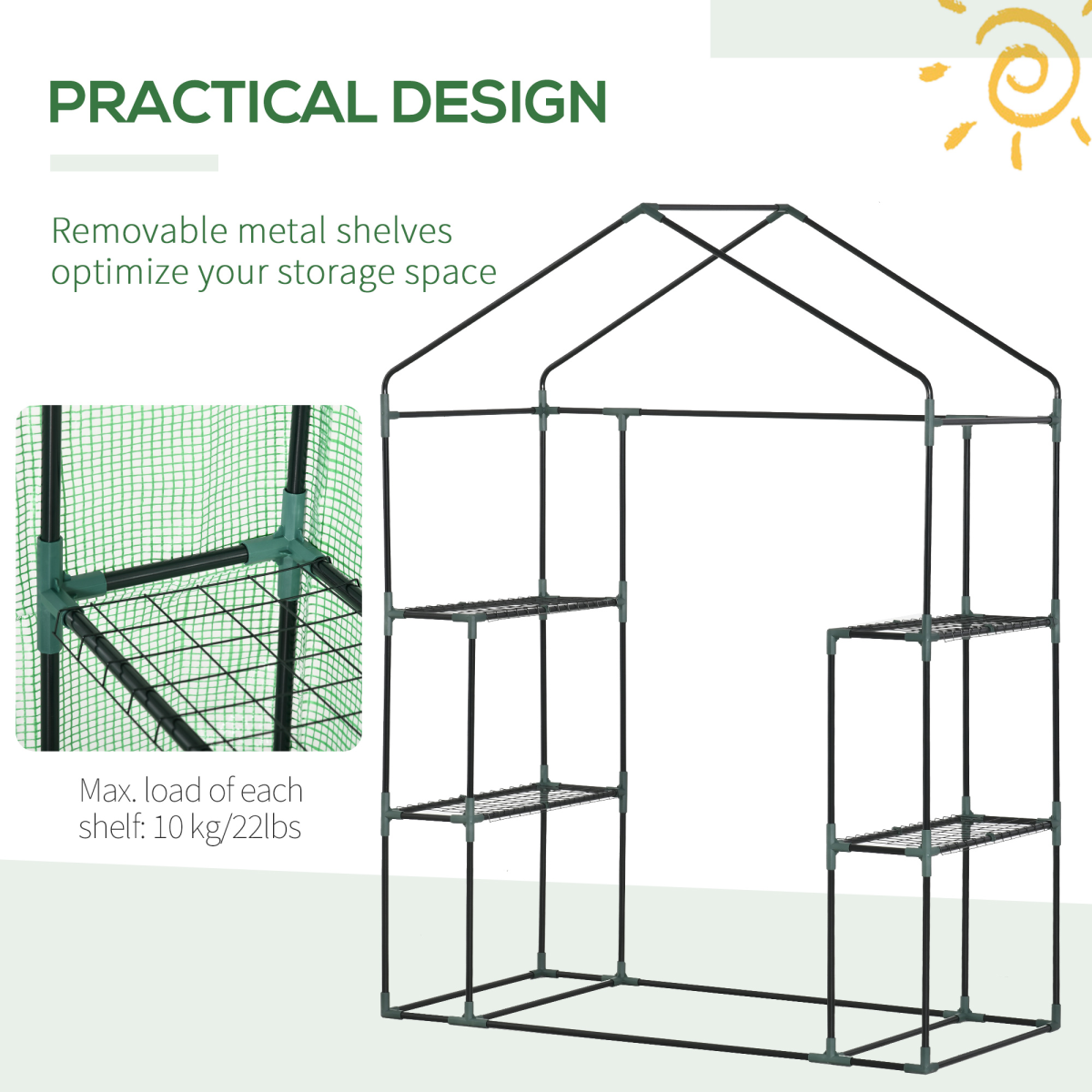 WalkIn Greenhouse 2 Tier Shelf, Roll-Up Door, PE Cover, 141x72x191cm, Green