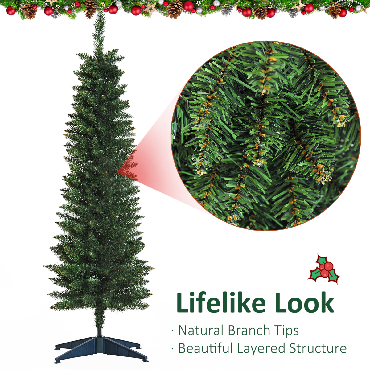 1.5m 5ft Artificial Pine Pencil Slim Christmas Tree 294 Branch Tips with Stand