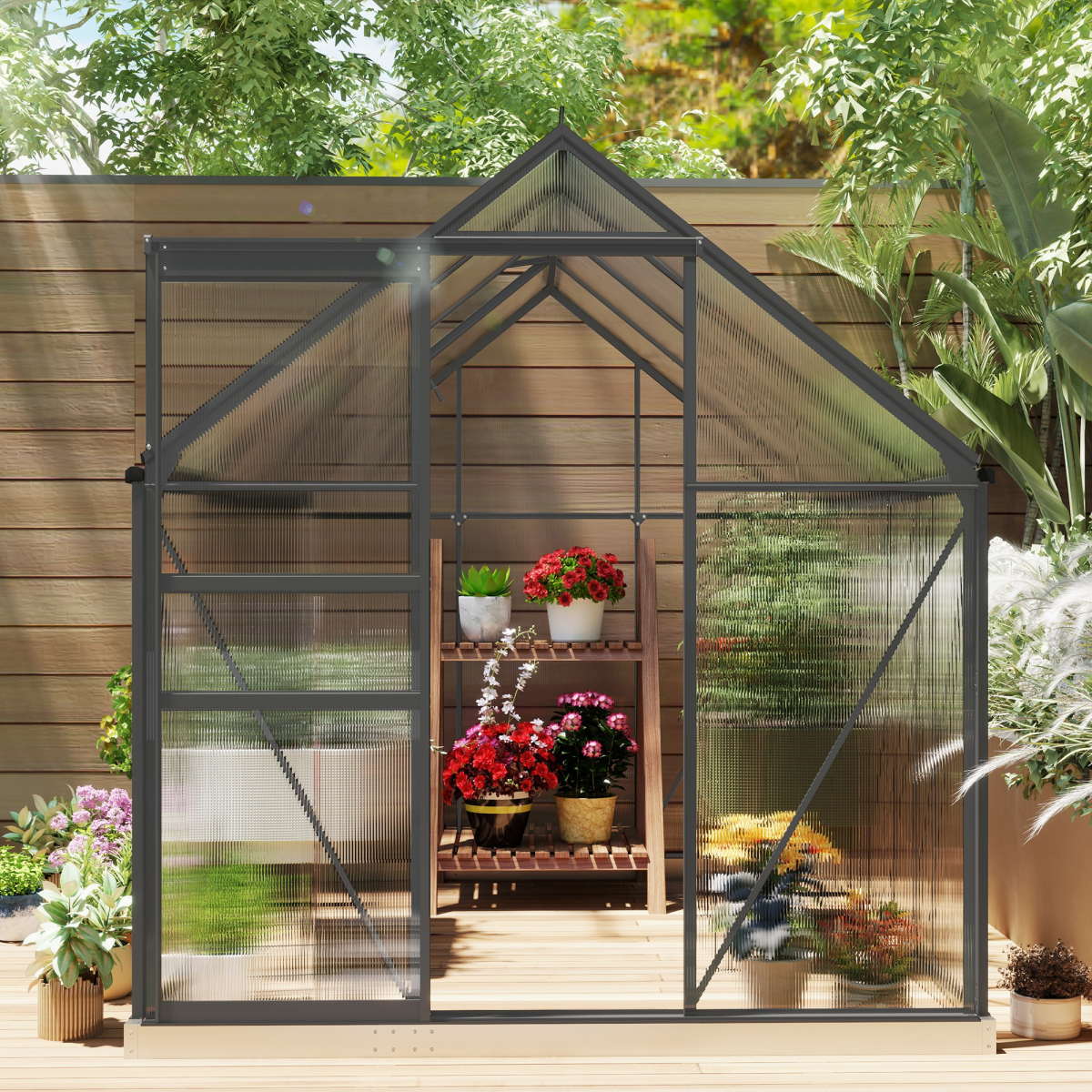 Outsunny Polycarbonate Walk-in Garden Greenhouse w/ Sliding Door Dark Grey