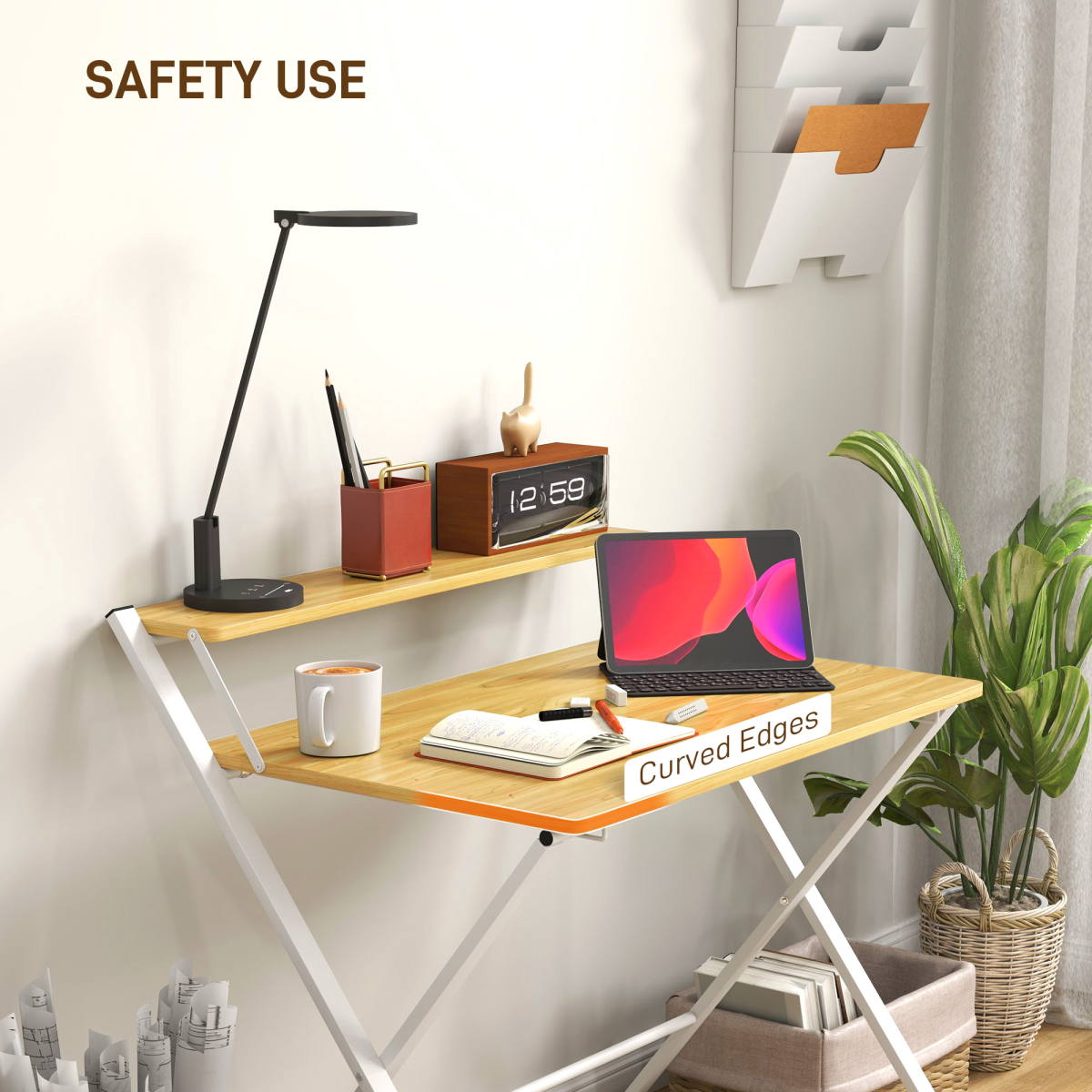 HOMCOM Folding Desk with 2-Tier Shelf for Home Office, Maple Wood-effect