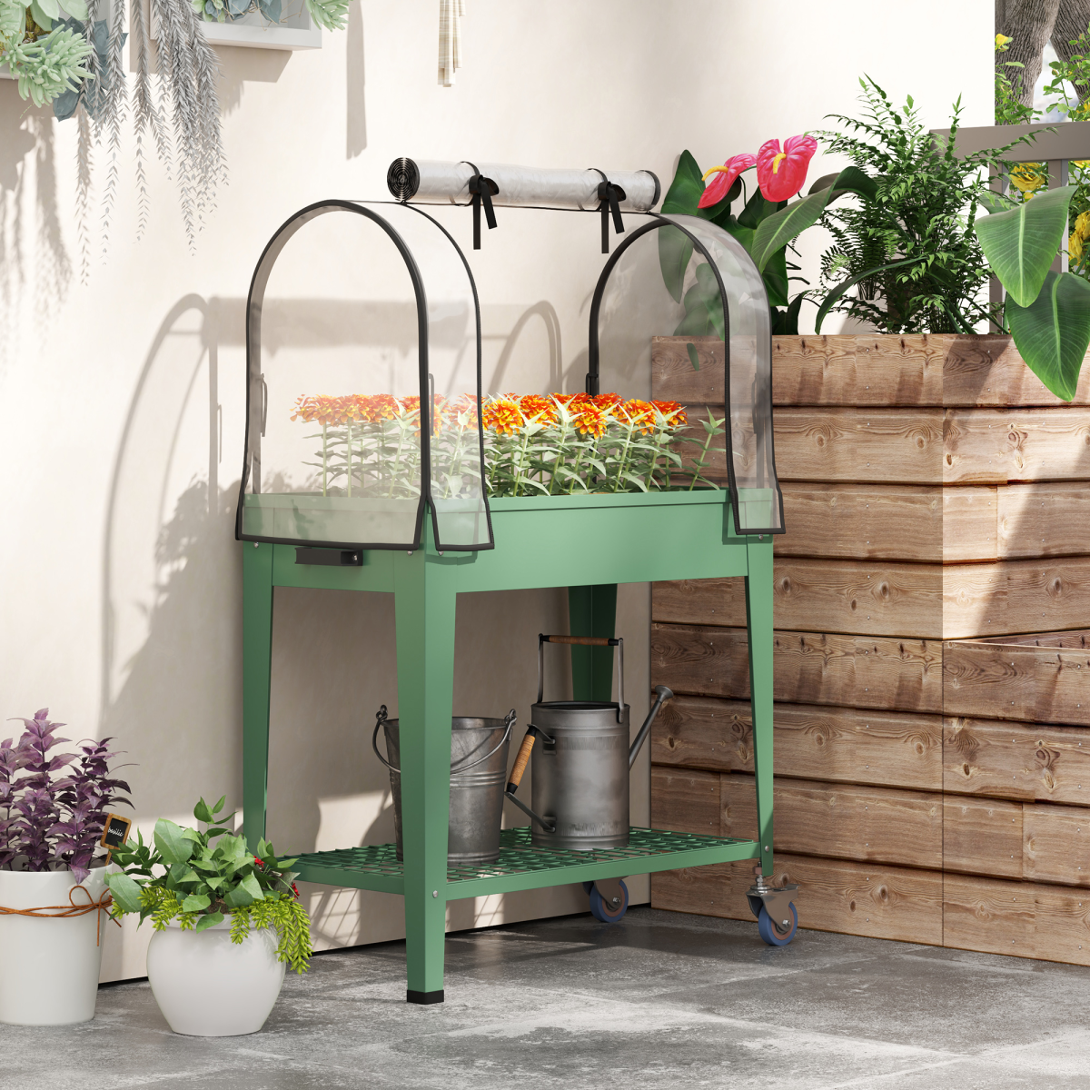 Outsunny Mobile Raised Garden Bed with Greenhouse Cover, Green