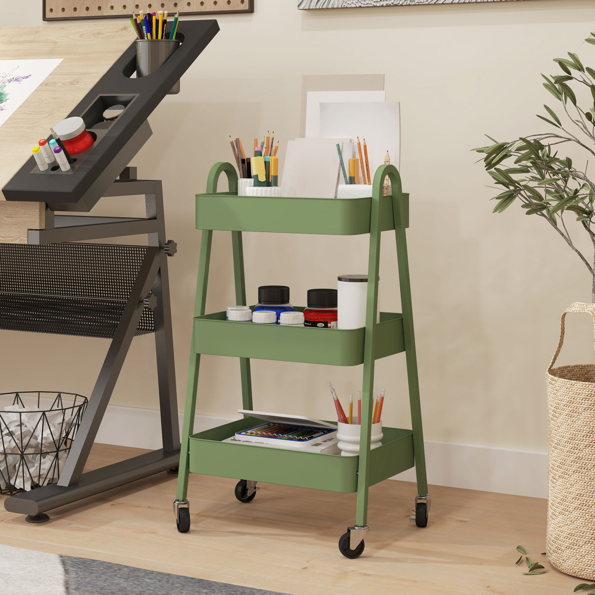 HOMCOM 3-Tier Rolling Utility Cart Kitchen Storage Trolley on Wheels Green