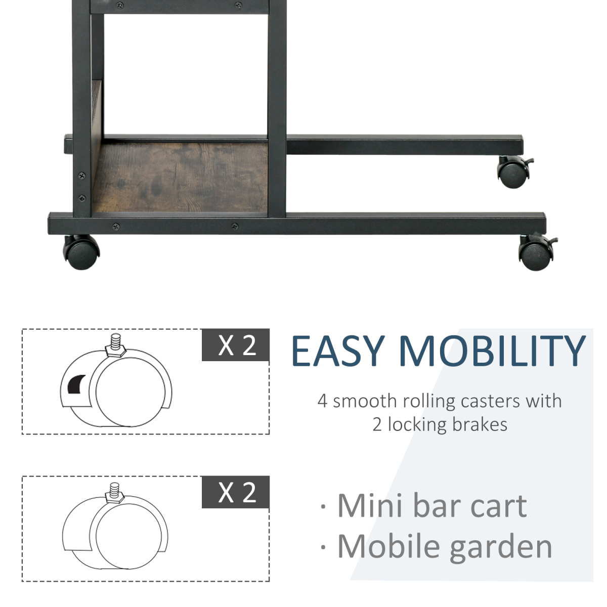 C-Shaped Mobile Sofa Bed Side Table Adjust Height 3-Tier Cart w/ Brake