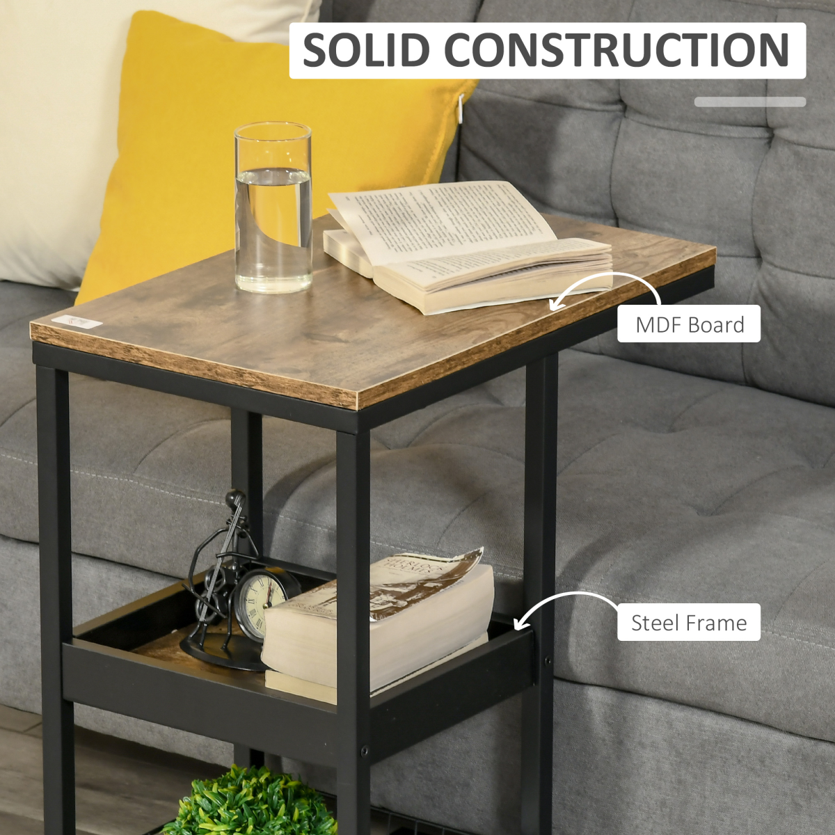 C-Shaped Mobile Couch Bed Side Table w/ 3-tier Storage Shelf - Brown HOMCOM