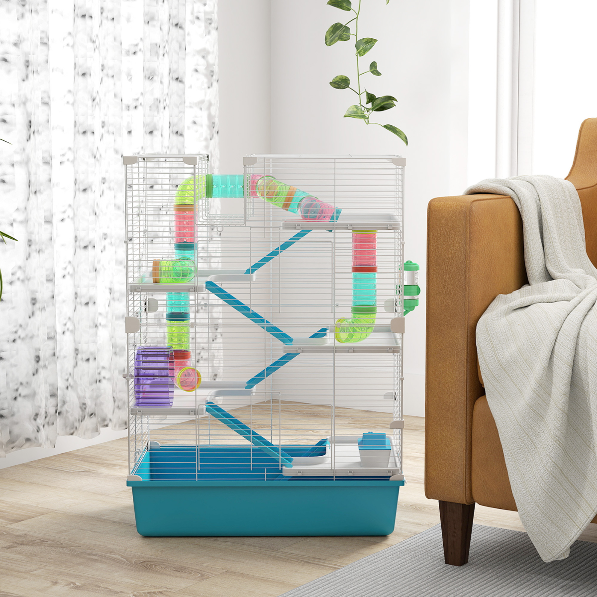 PawHut 6 Tier Hamster Cage with Twin Tower and Accessories, Light Blue