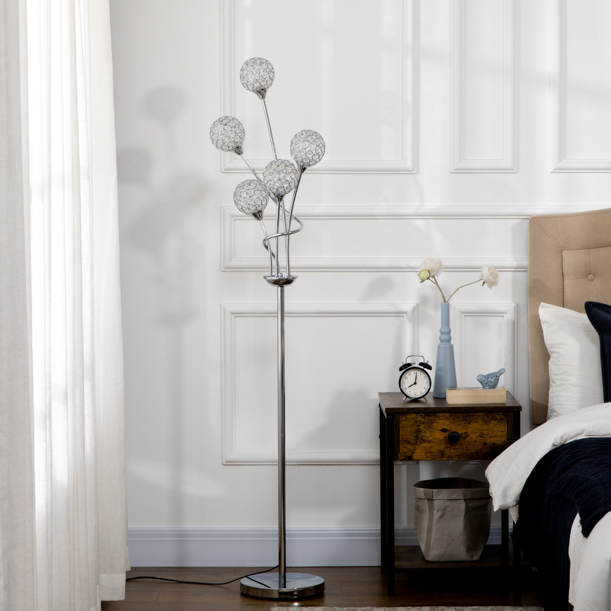 Sparkling K9 Crystal Floor Lamp, 5 Light Upright Standing, Silver - High Quality