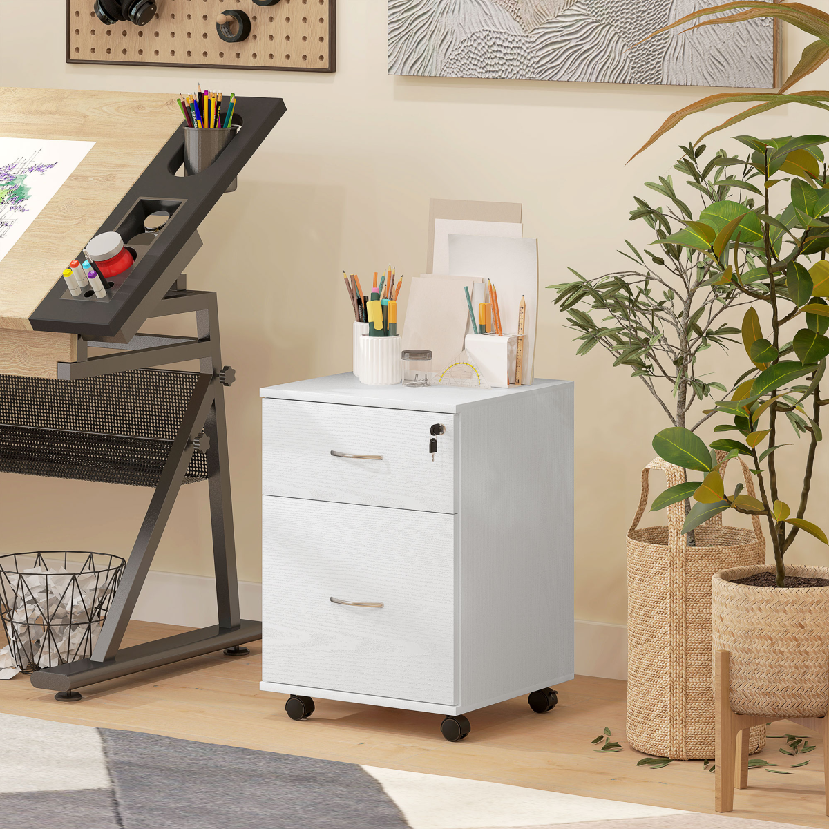 HOMCOM Pedestal Office Mobile Filing Cabinet 2 Drawer White