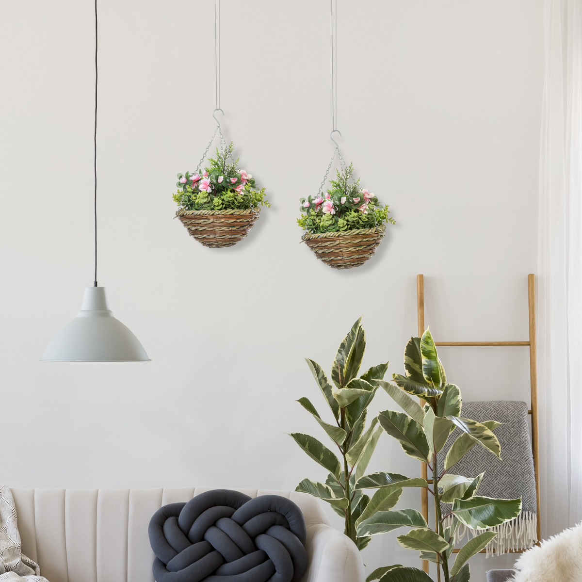 Pack of 2 Artificial Lisianthus Flowers Hanging Planter with Basket