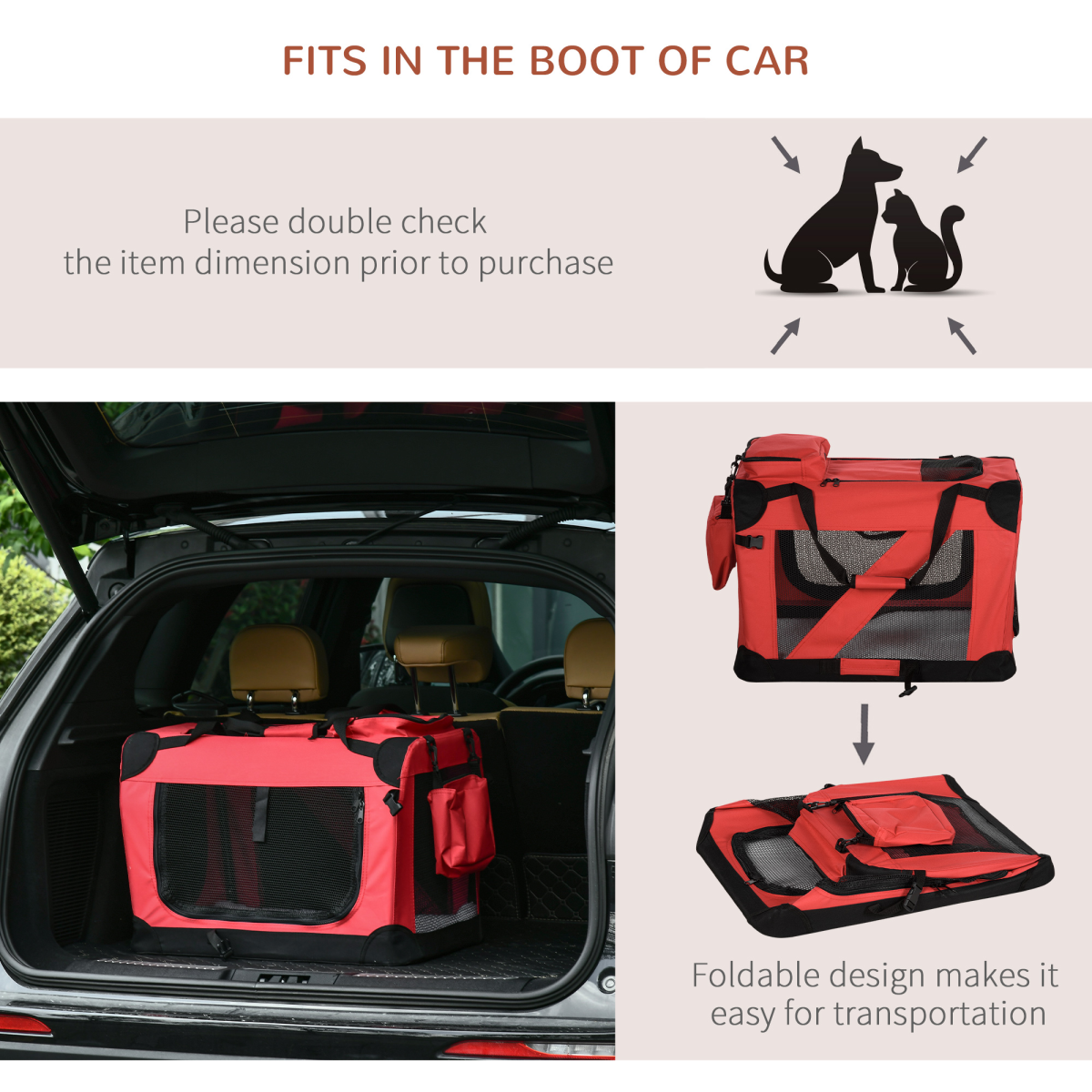 Folding Pet Carrier Bag Soft Portable Cat Travel Cage, 60x42x42 cm, Red