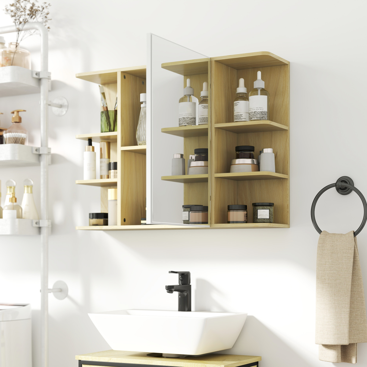 HOMCOM Bathroom Wall Cabinet with Mirror and Open Storage Shelves Natural