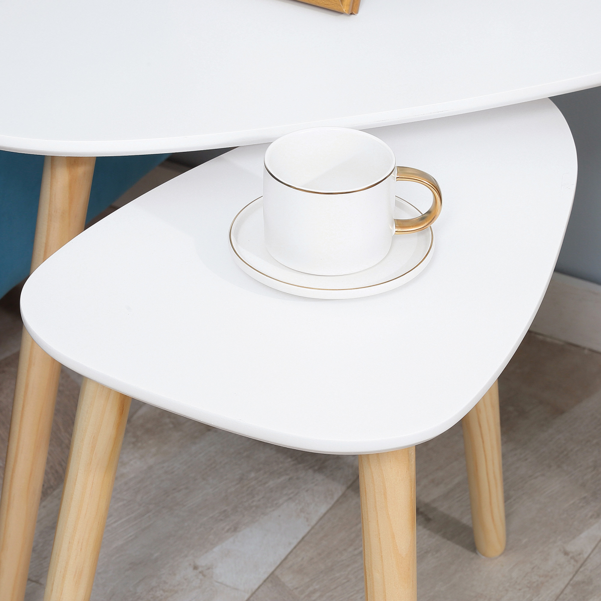 Side Table Set of 2 Nested Coffee Table W/ Solid Wood Legs Living Room White