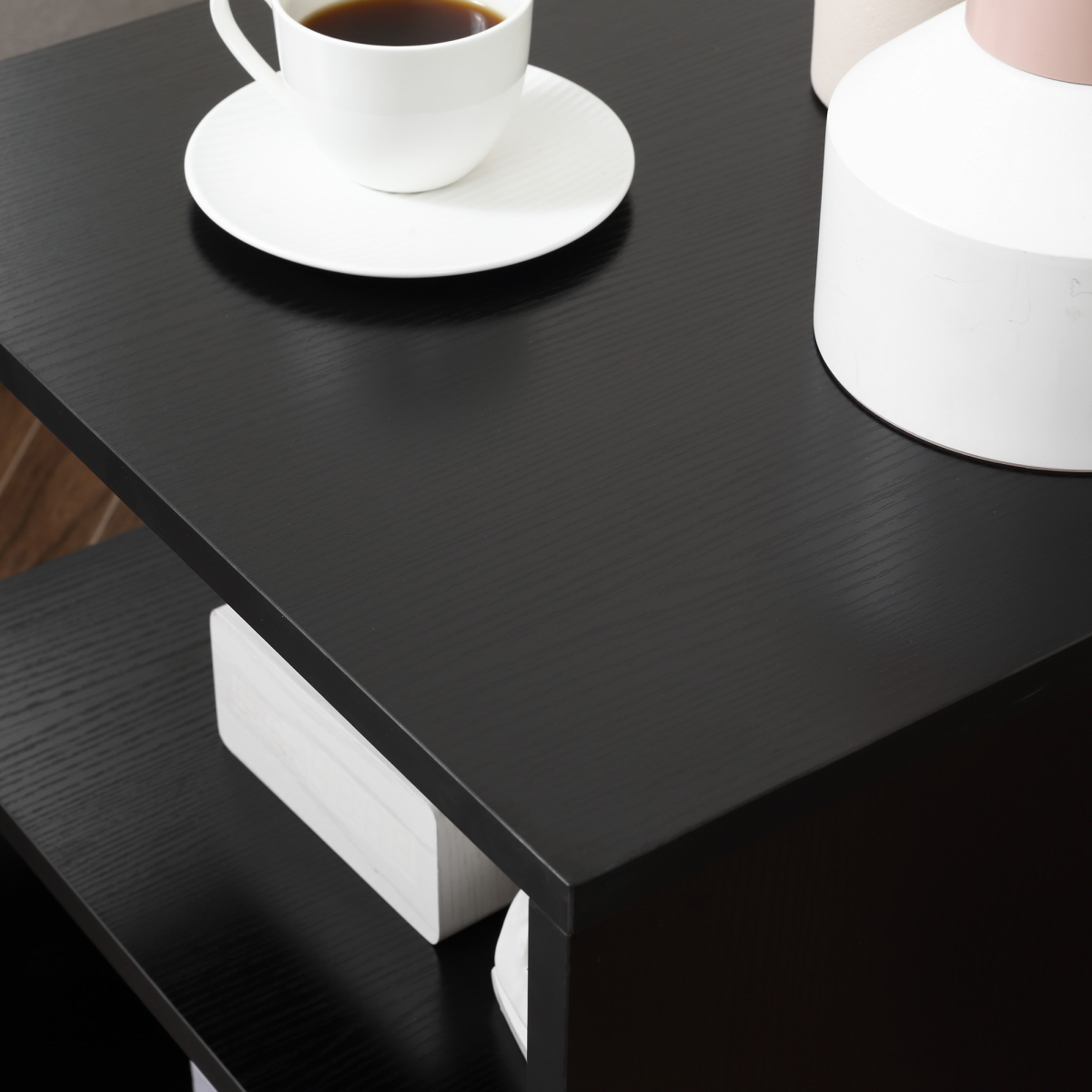 50Lx50Wx50H cm Wooden Side S Shape Cube Coffee Console Table 2-Tier Black