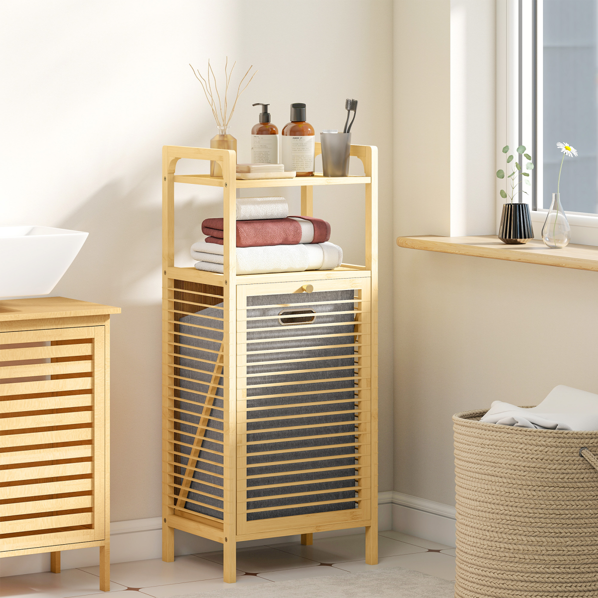 HOMCOM Removable 37L Laundry Hamper with Bamboo Bathroom Storage Cabinet