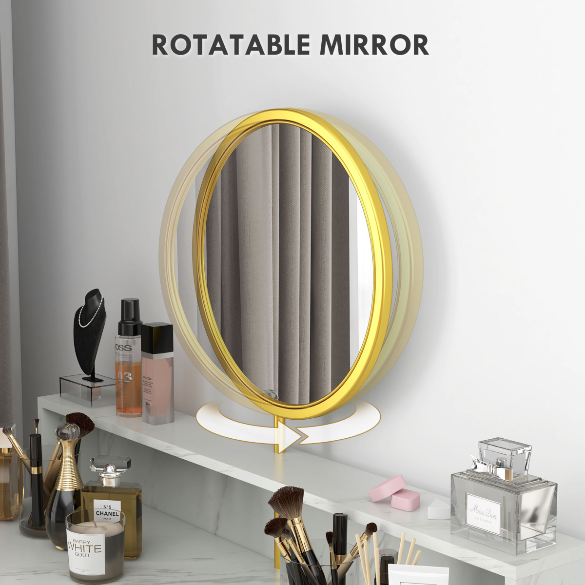 Dressing Table with Round Mirror, Vanity Makeup Desk Faux Marble Texture White