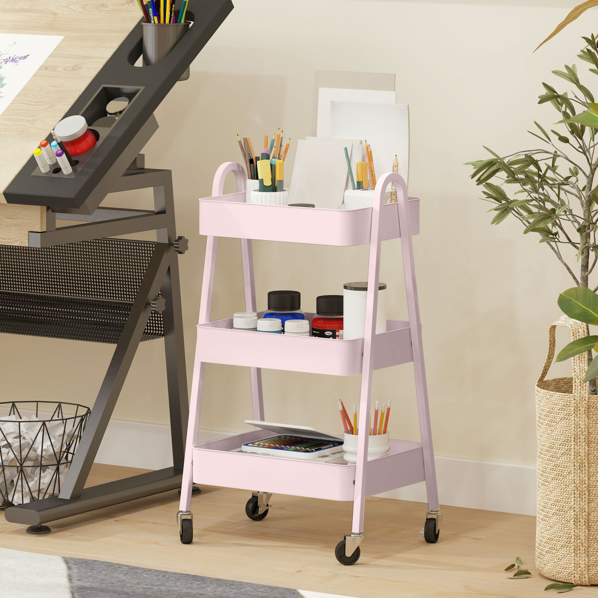 HOMCOM 3-Tier Rolling Utility Cart Kitchen Storage Trolley on Wheels Pink