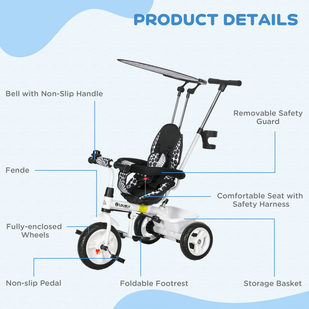 HOMCOM 6 in 1 Kids Tricycle w/ Removable Handle for 1.5 year, White