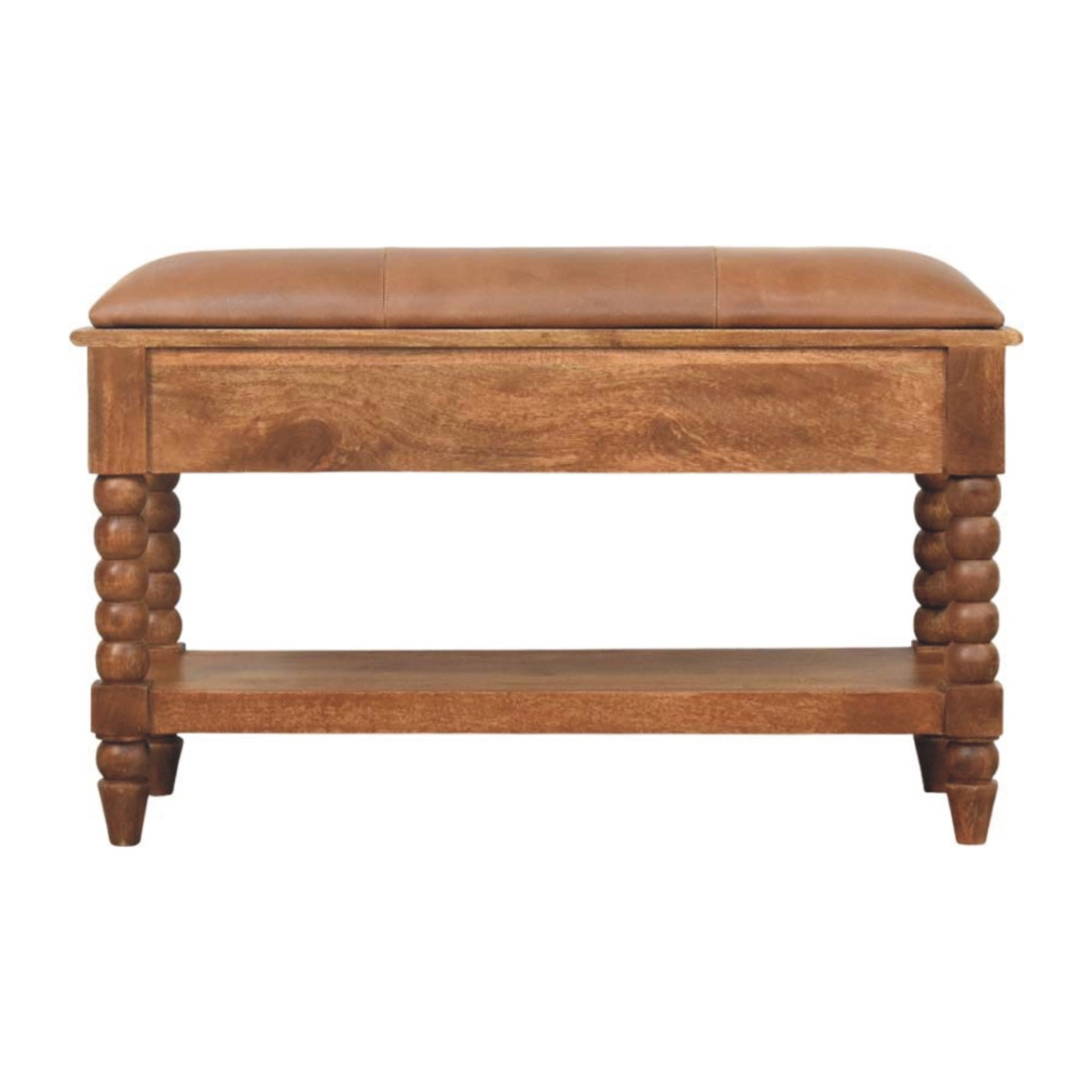 Artisan Furniture Solid Wood Upholstered Leather Spindle Bench, 2 Drawers, 1 Shelf, Brown