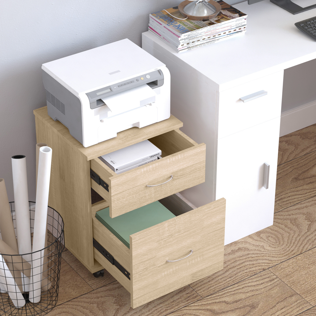 Mobile File Cabinet Wooden Side Table with 2 Drawers Pedestal Office Oak