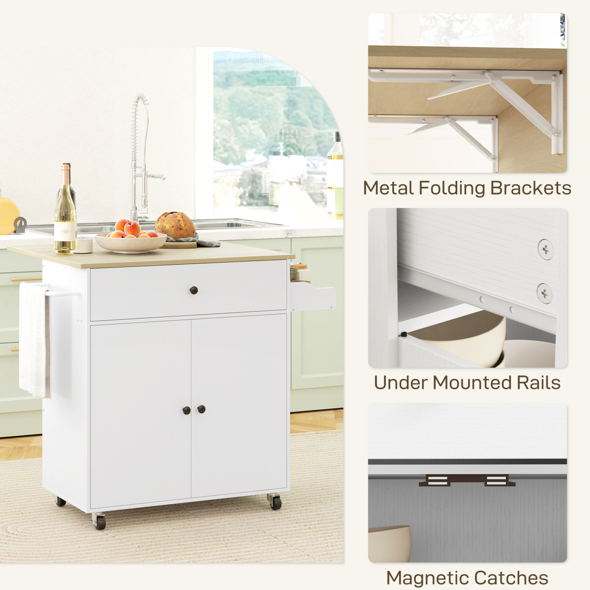HOMCOM Kitchen Island with Drop Leaf, Rolling Kitchen Storage Trolley, White