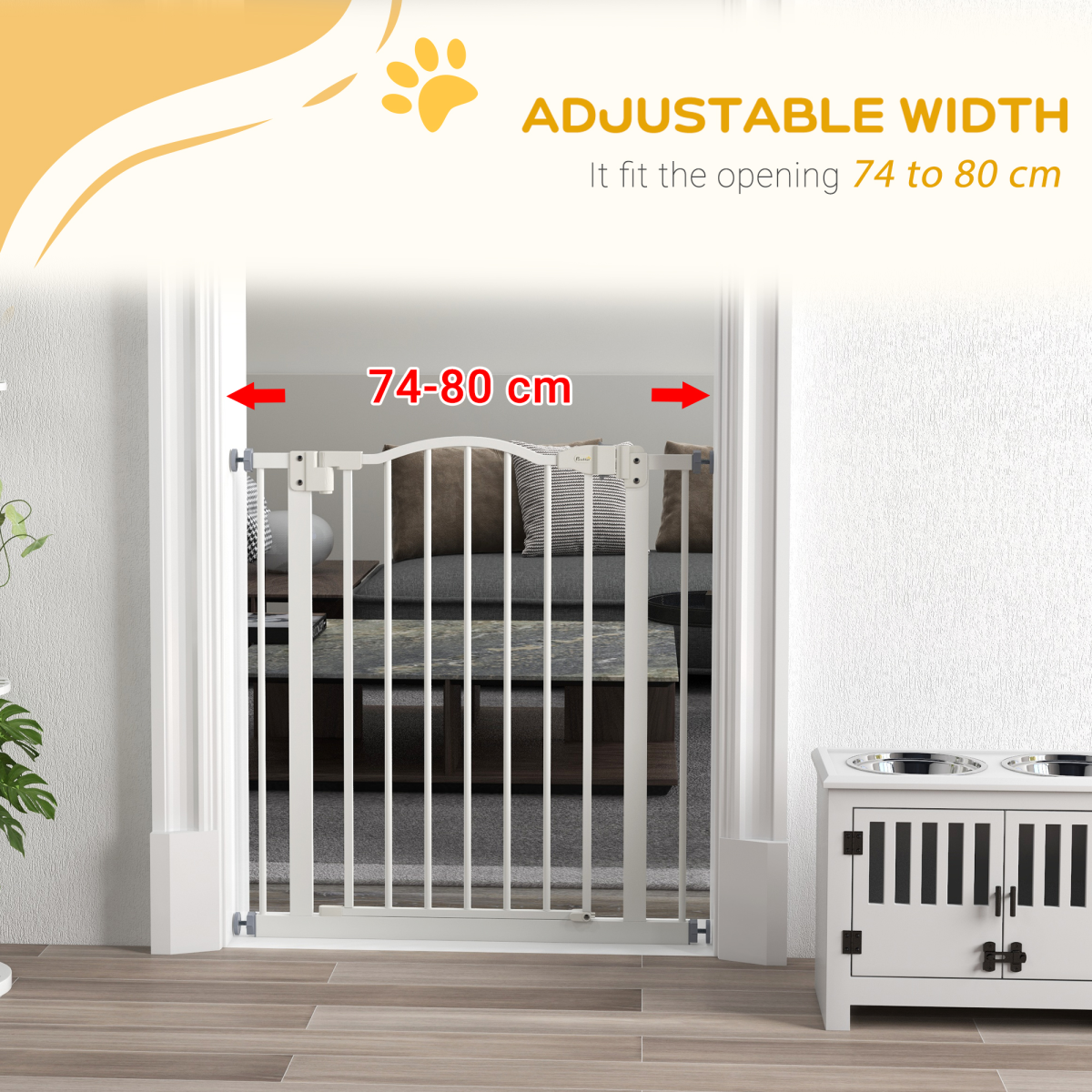 PawHut 74-80cm Adjustable Metal Pet Gate Safety Barrier w/ Auto-Close White