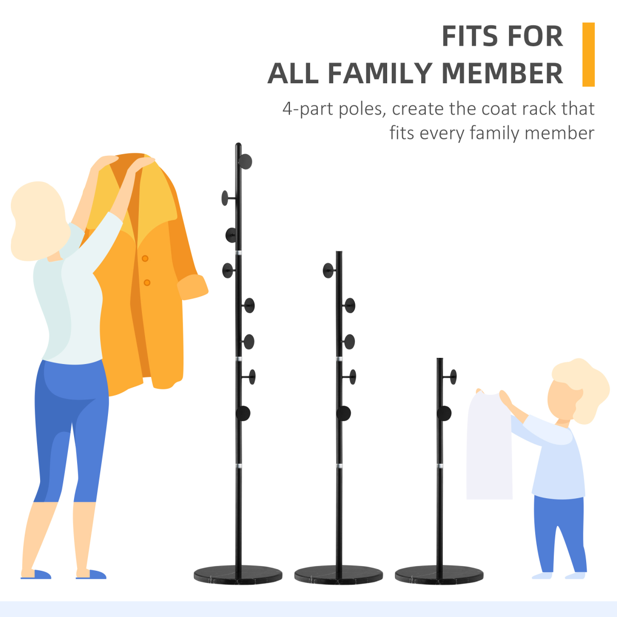 Steel Coat Stand Rack Marble Base 8 Hook for Living Room Entryway,Black