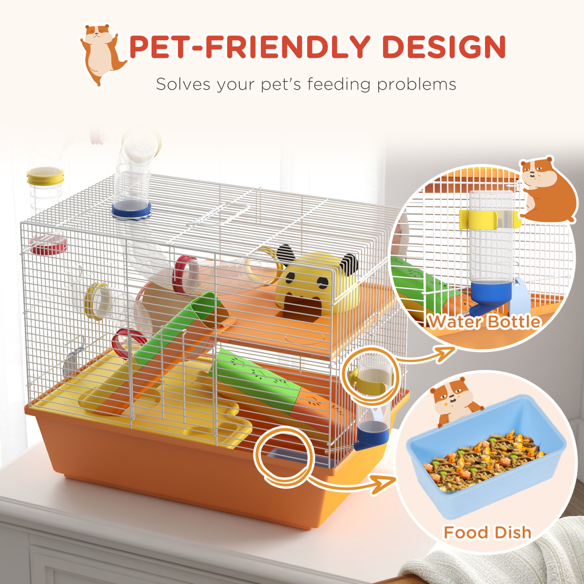 PawHut Hamster Cage, 3 Tiers Gerbil Cage for Dwarf Hamsters with Tubes, Ladder