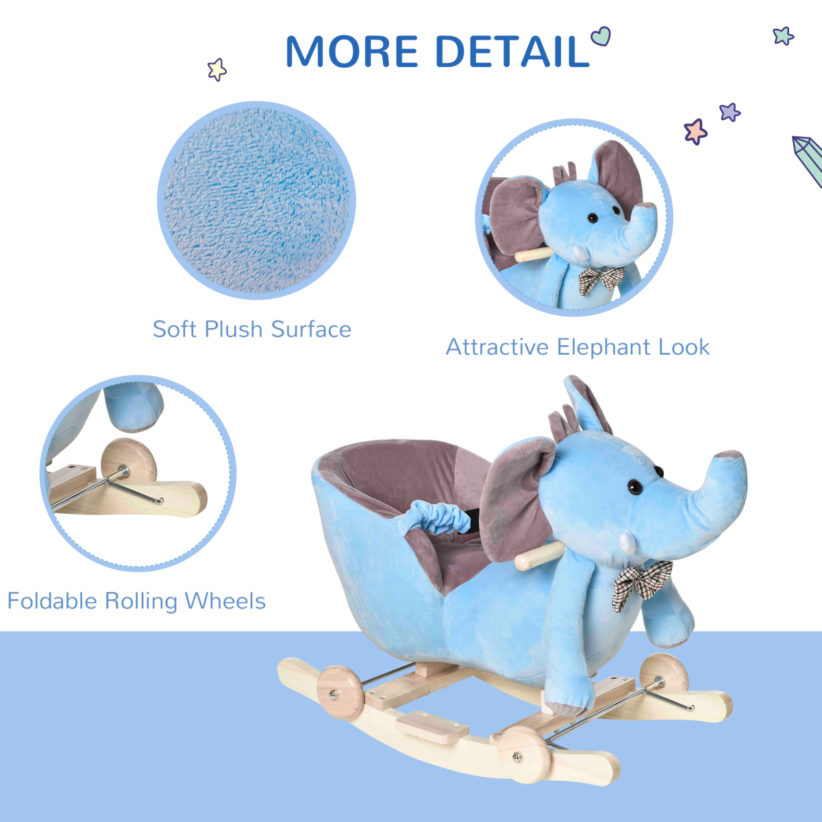 2-in-1 Baby Rocking Horse Ride On Elephant W/ Wheels Music, Blue