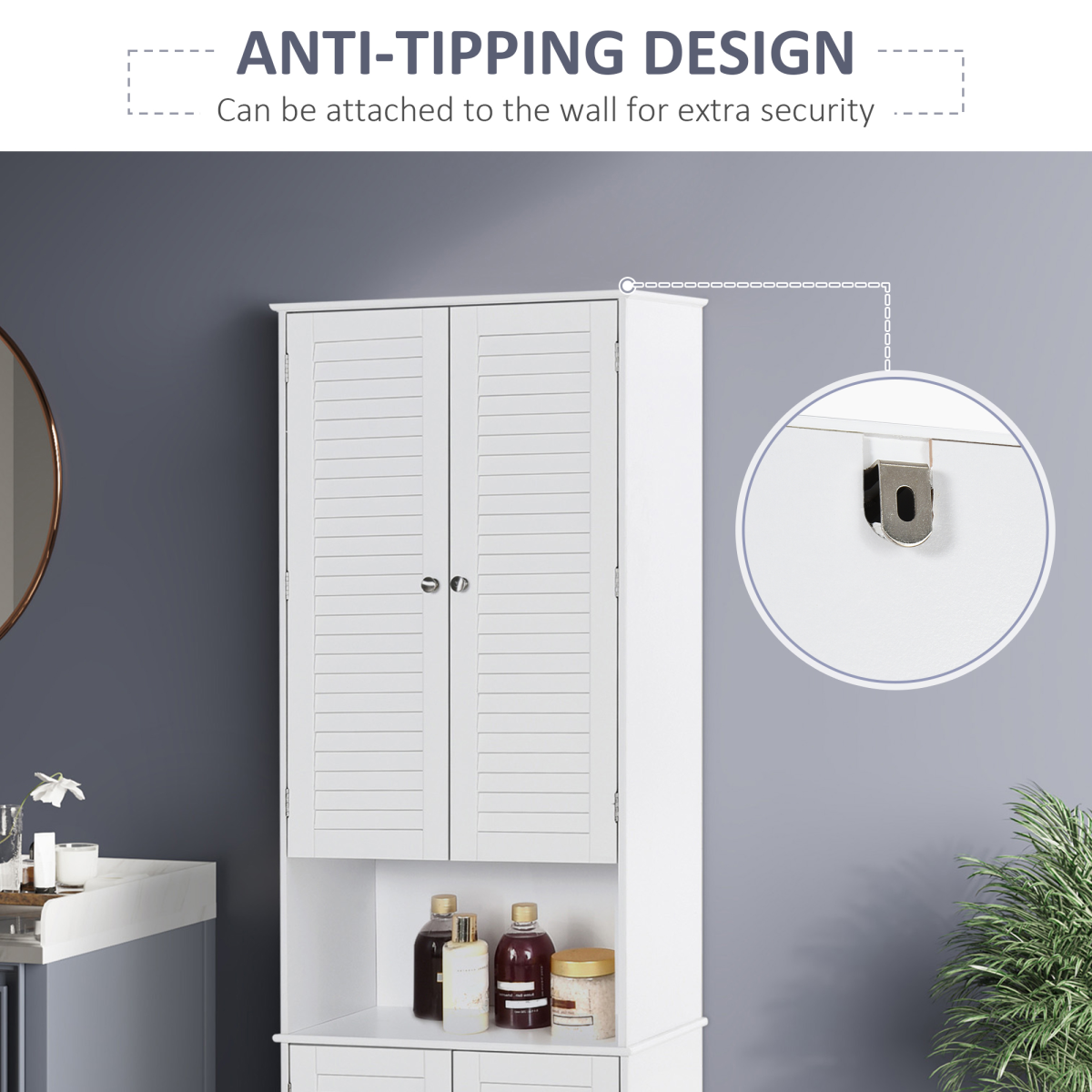 183x60cm Tall Freestanding Bathroom Cabinet Retro Shutters 3 Compartments White