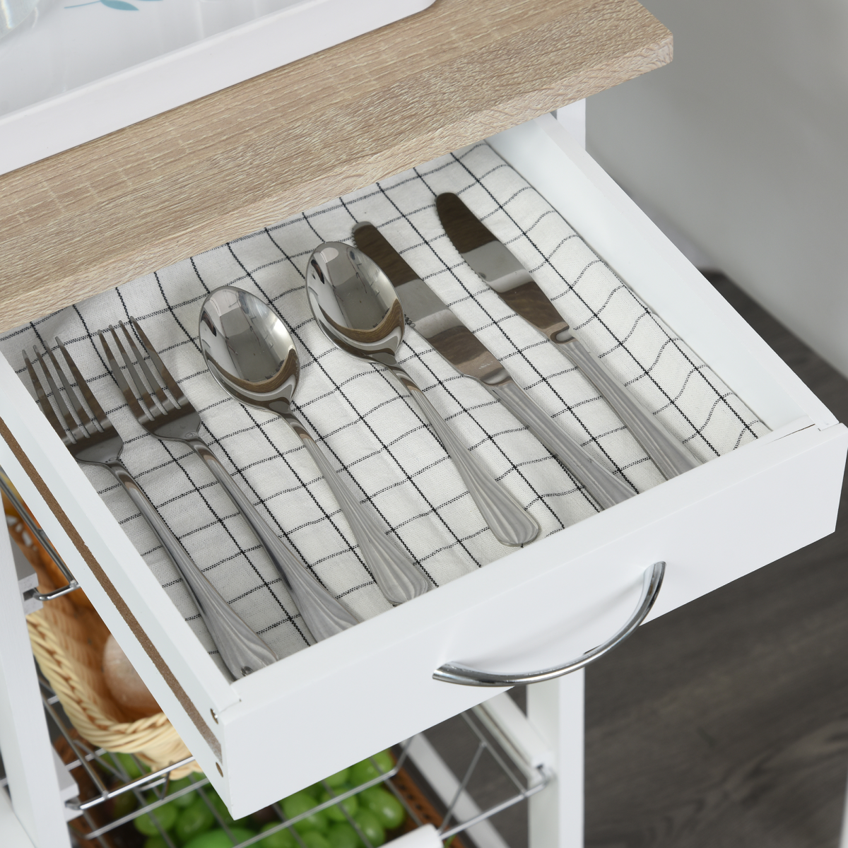 Multi-Use Kitchen Island Trolley 4 Baskets 2 Side Racks Drawer Wheels White