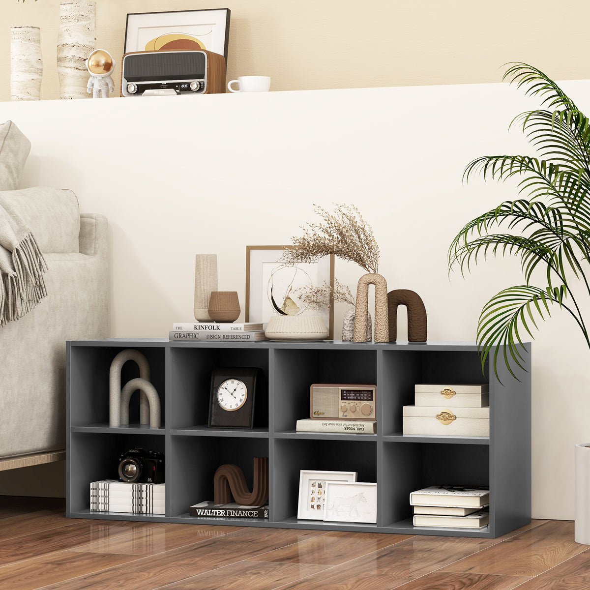 8 Grid Shoe Bench 2 in 1 Shoe Organizer with 8 Storage Cubbies-Black