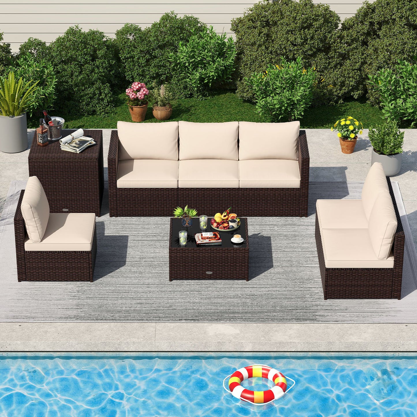 8 PCS Wicker Patio Furniture Set with Cushions and Storage Box-Brown