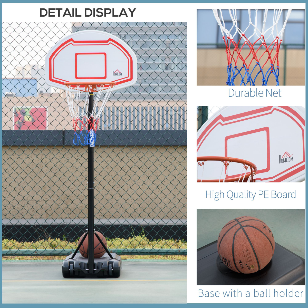 Outdoor Adjustable Basketball Hoop Stand w/ Wheels, Stable Base 258-314cm