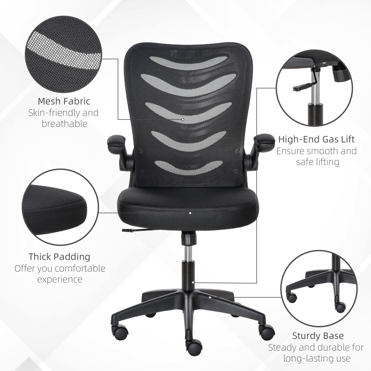 Mesh Office Chair Home Swivel Task Chair  Lumbar Support, Arm, Black Vinsetto