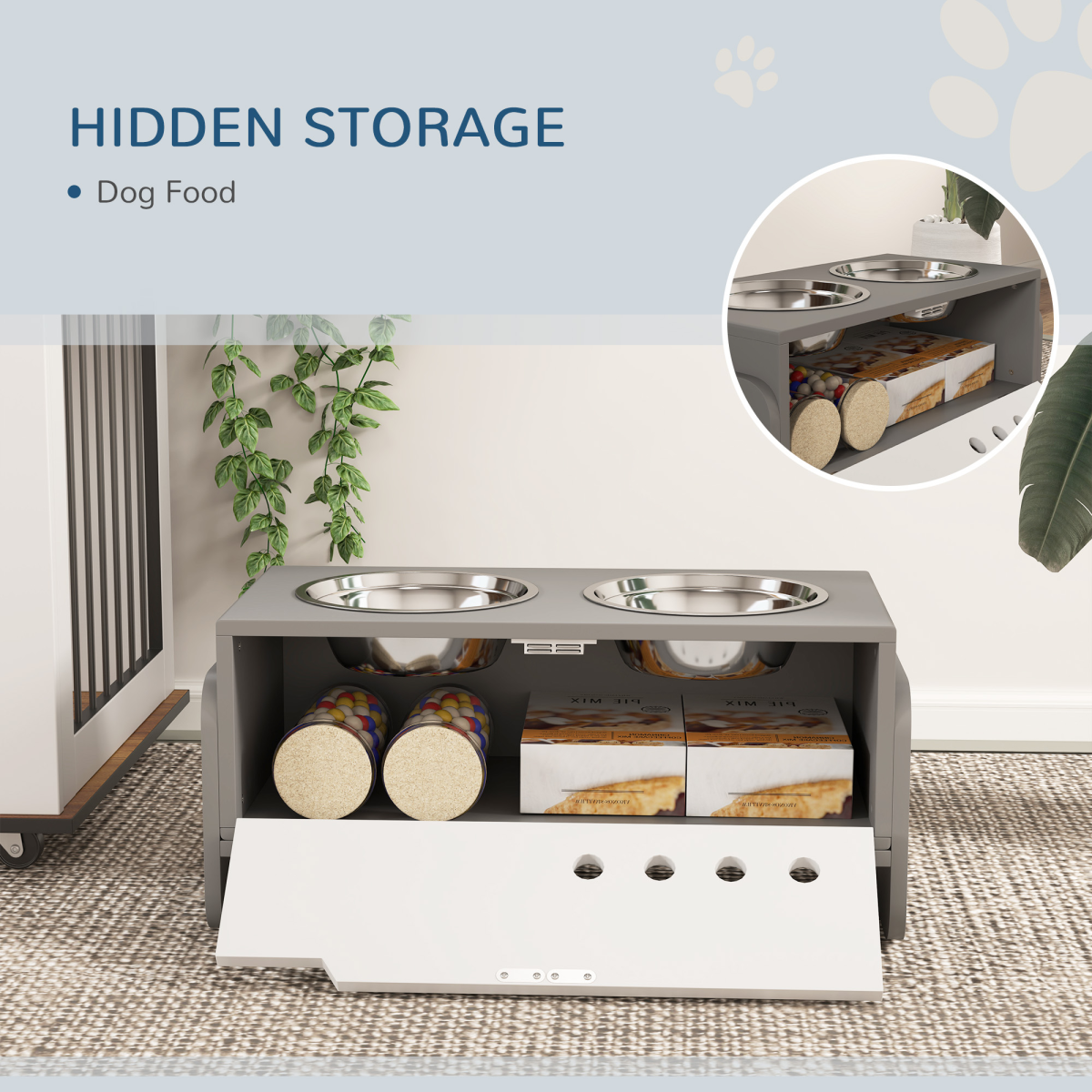 PawHut Height Adjustable Dog Feeding Storage w/ 2 Stainless Steel Bowls