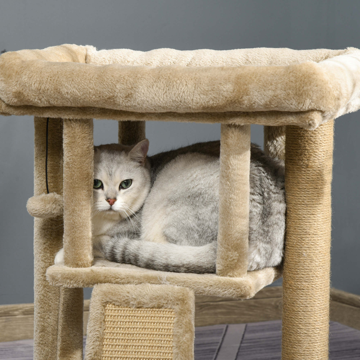 Cat Tree Tower W/ Jute Scratching Pad, Toy Ball, Cat House 66x38x88 cm - Coffee