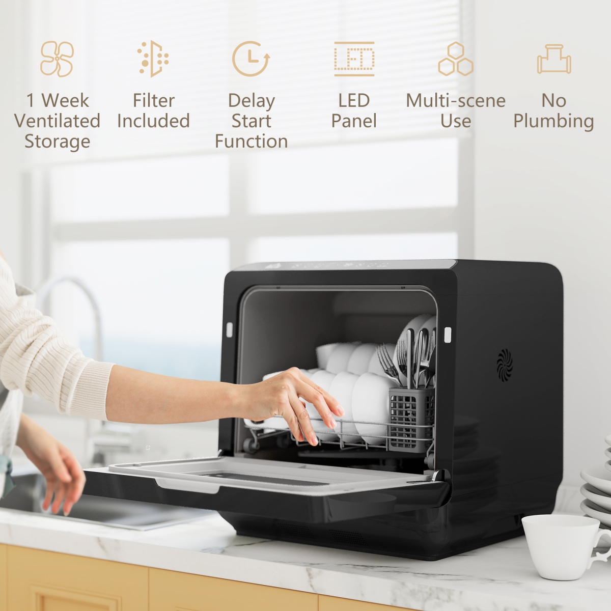 HOMCOM Worktop Dishwasher w/ 4 Place Settings 6 Programs, Black