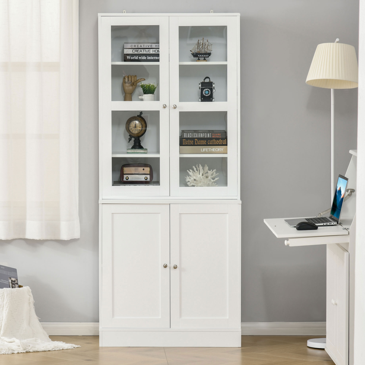 Modern Bookcase Display Storage Cabinet w/ Doors Adjustable Shelves