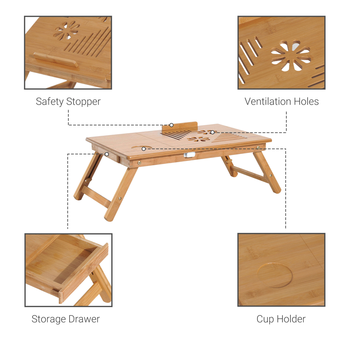 Portable Laptop Desk Notebook Tray PC Bed Drawer Adjustable Bamboo HOMCOM