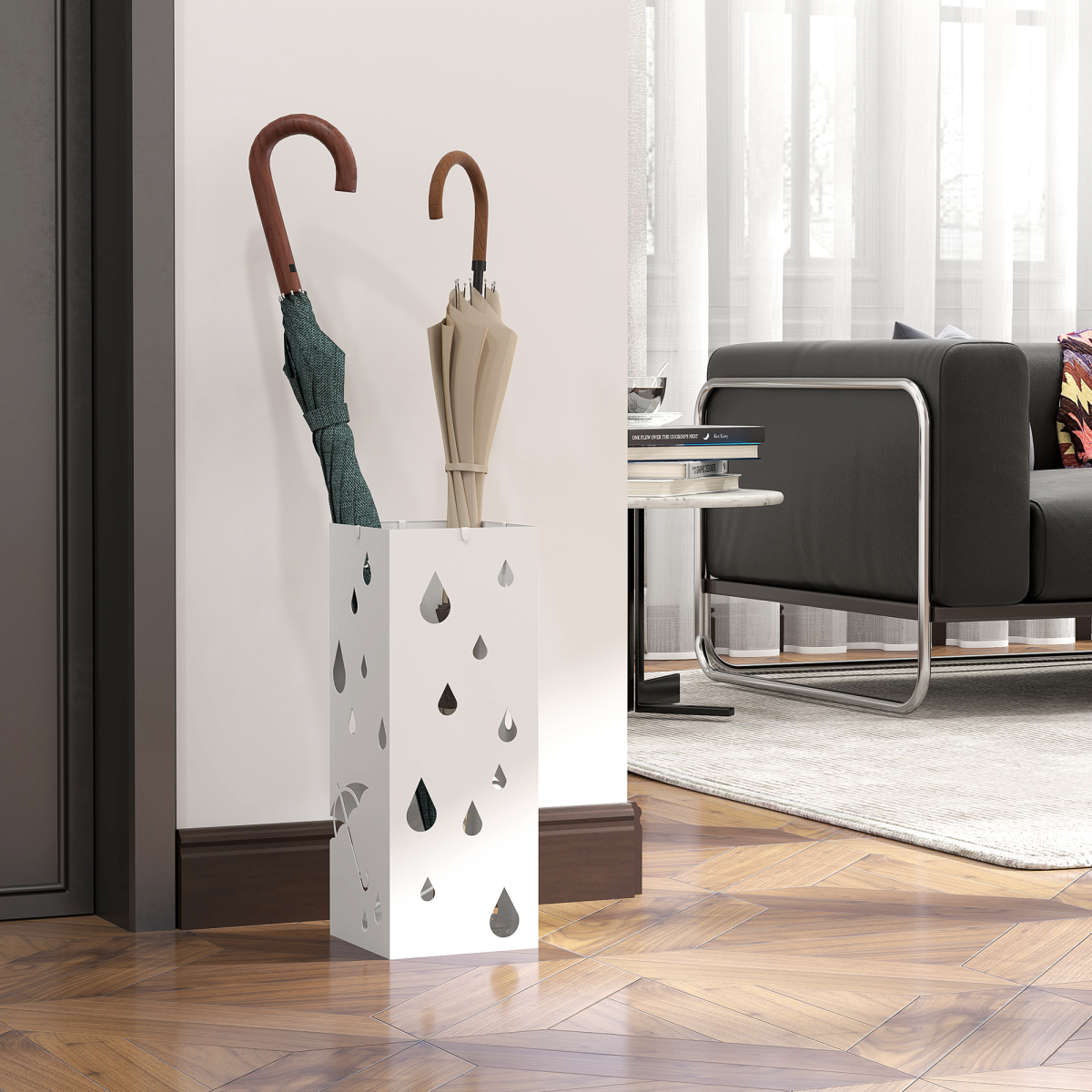 HOMCOM Metal Umbrella Stand, Square Umbrella Basket with 4 Hooks Drip Tray White
