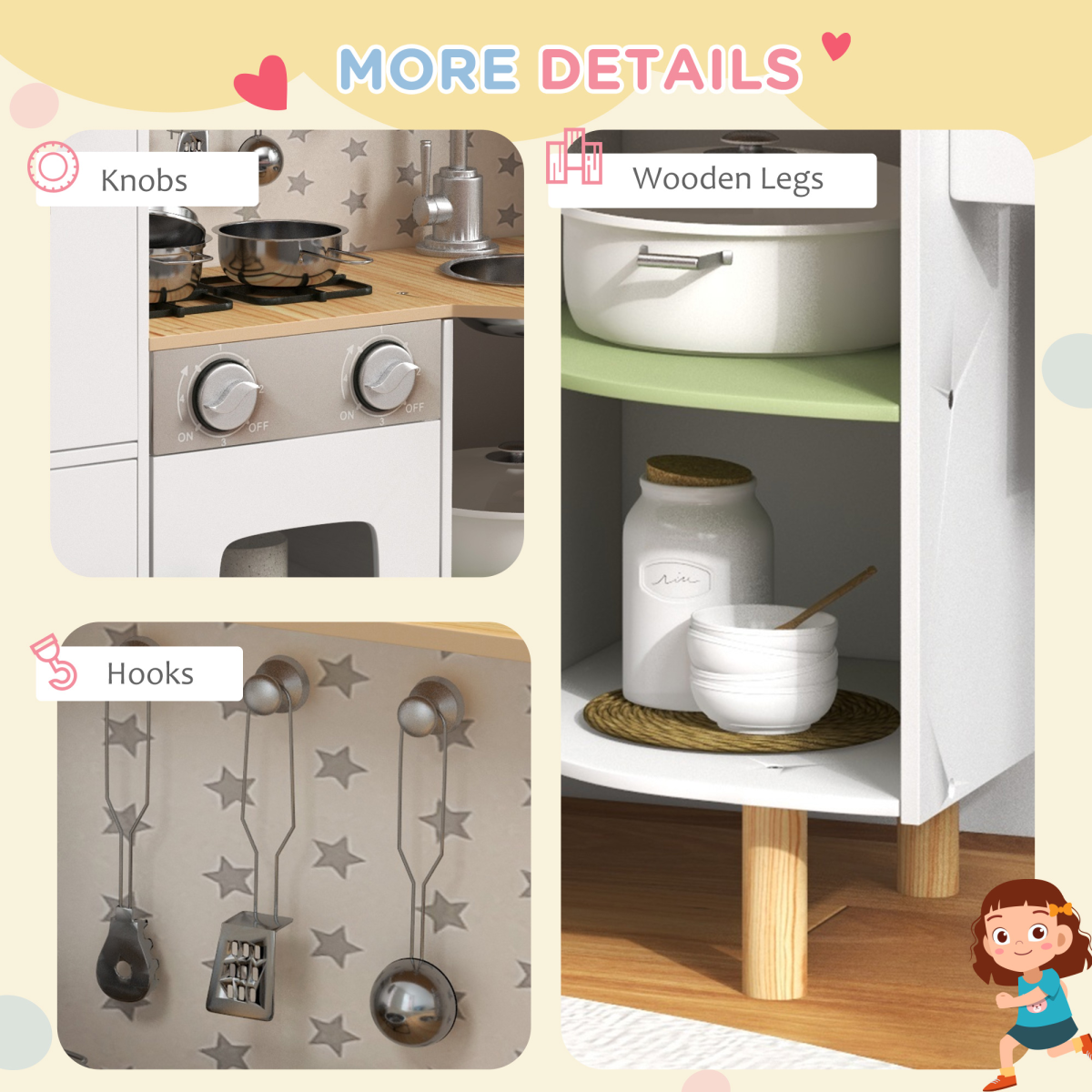 AIYAPLAY Toy Kitchen Playset with Phone, Ice Maker, Stove, Sink - White